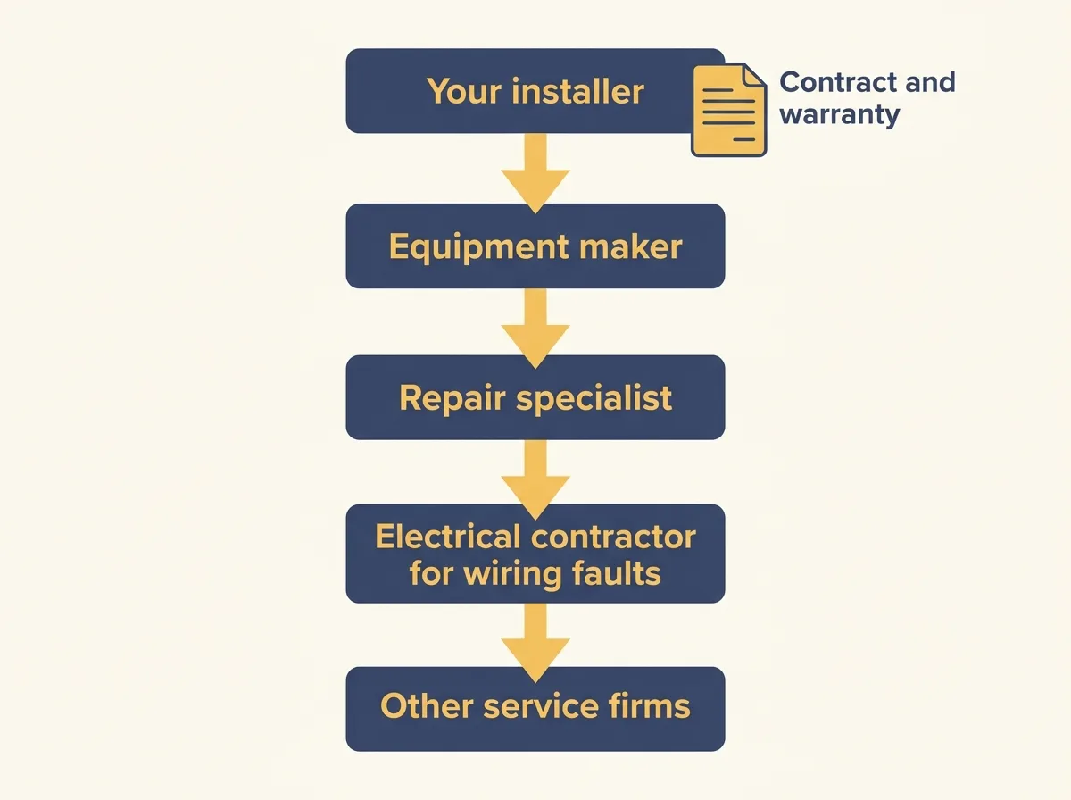 Flow diagram of who to call when a home solar system stops working, from installer to repair specialist to electrician