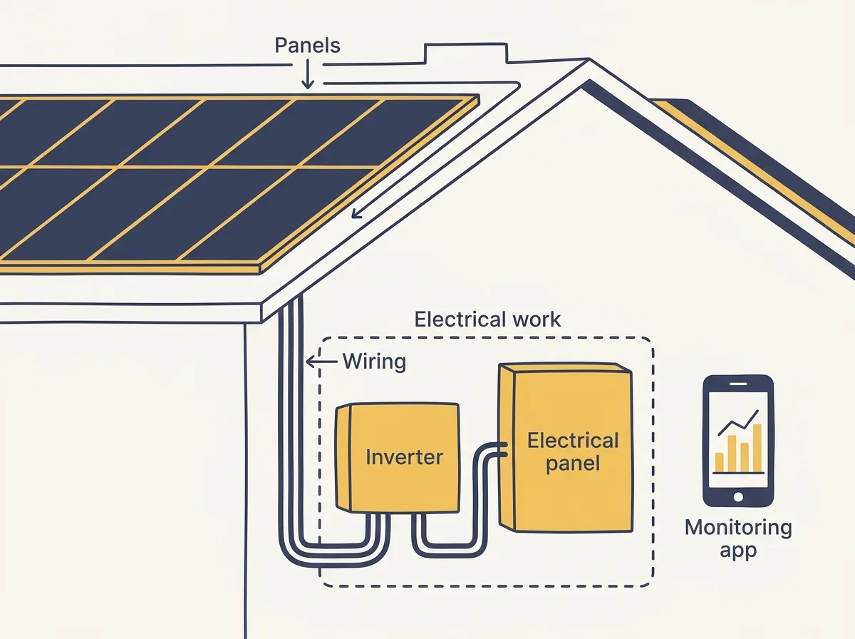 Diagram of the parts of a home solar system a repair might involve: panels, wiring, inverter and monitoring