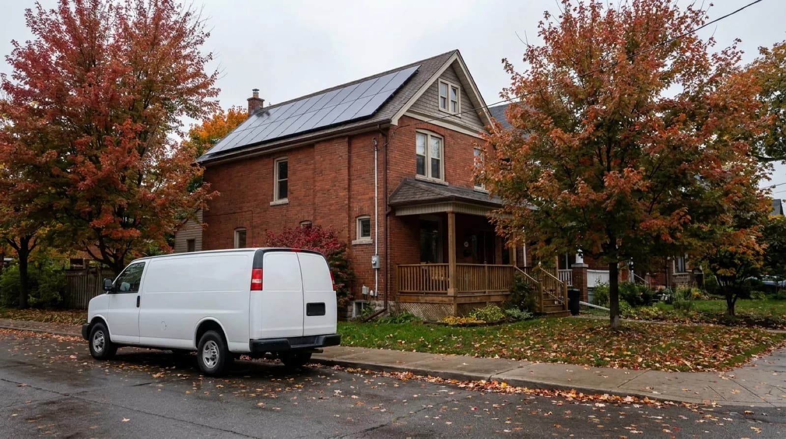 A plain white van parked at the curb beside a red-brick Toronto house with solar panels on its roof, autumn maples and fallen leaves on the lawn