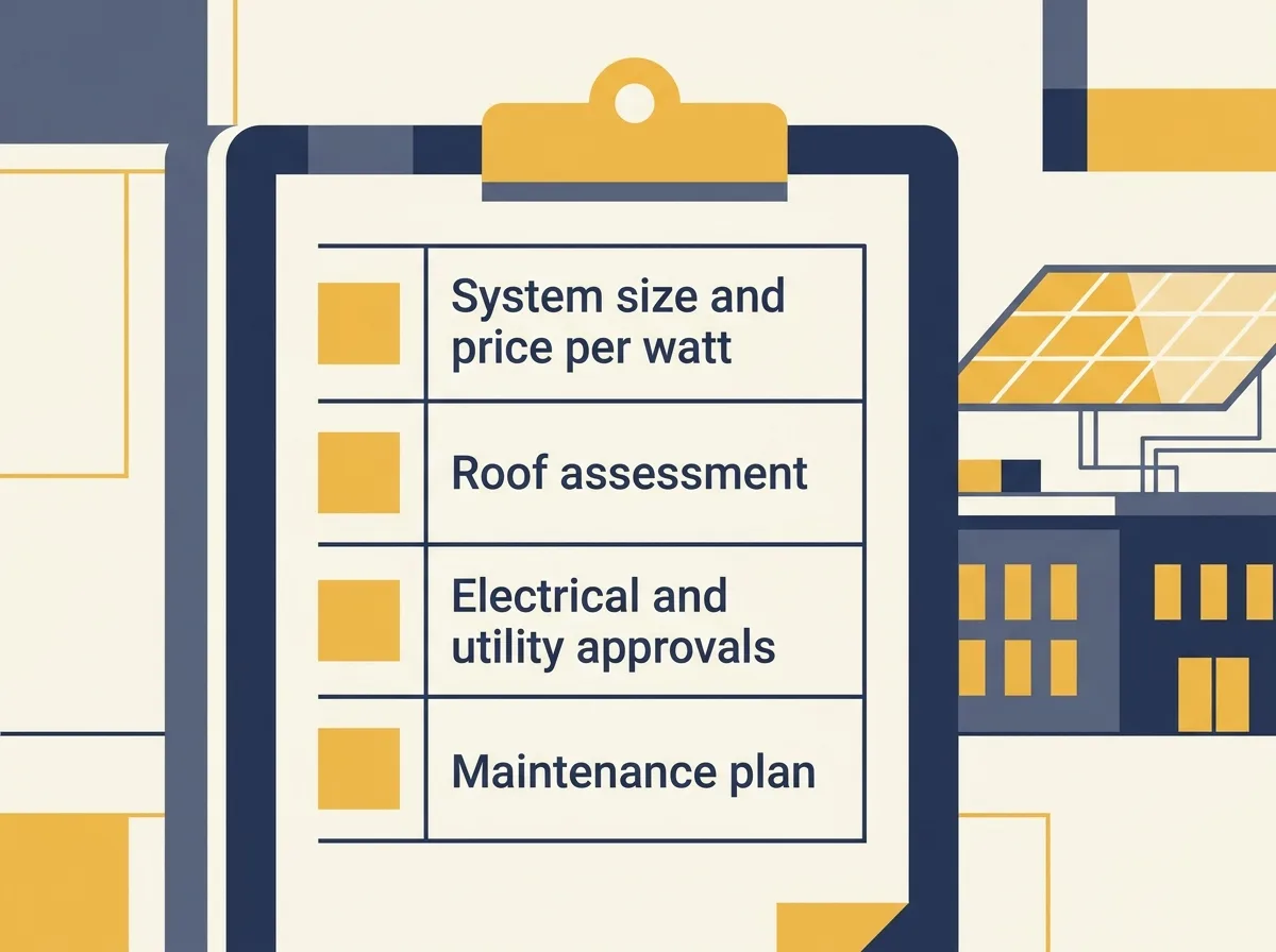 Diagram of what a commercial solar proposal should cover: system, roof, approvals and running costs