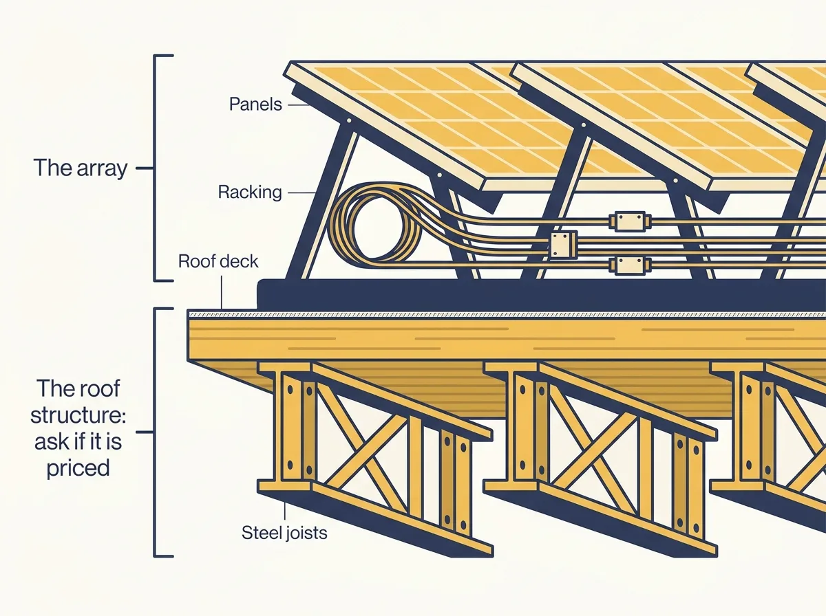 Cross-section diagram of a flat commercial roof separating the array (panels, racking and cables) from the roof structure (roof deck and steel joists), with a note to ask whether the structure is priced