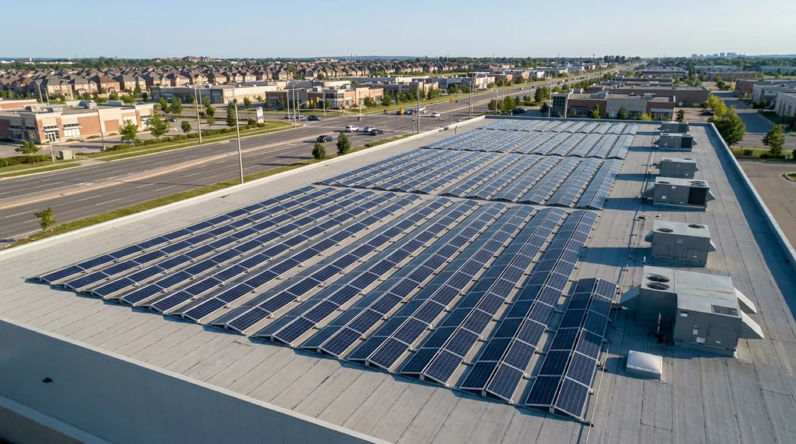 Rows of tilted solar panels and rooftop air-handling units on the flat roof of a low-rise commercial building beside a wide suburban road in the GTA