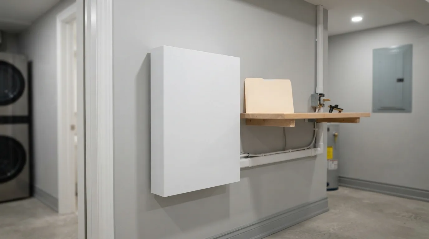 A plain white wall-mounted home battery in a tidy, finished Ontario basement utility room, a closed paper folder resting on a shelf beside it, soft overhead light
