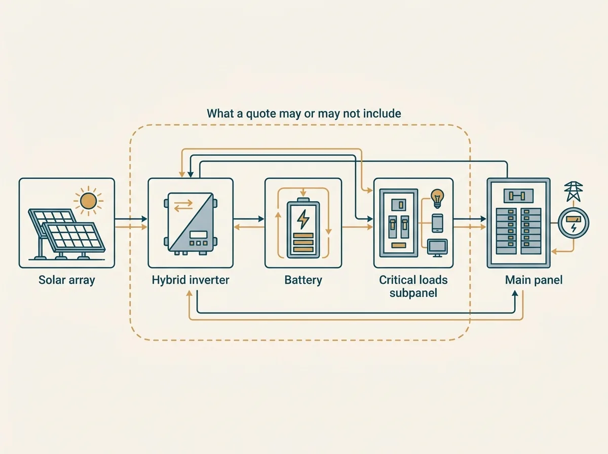 Flat vector diagram of a home battery installation showing labelled elements connected in a chain reading Solar array, Hybrid inverter, Battery, Critical loads subpanel and Main panel, with a dashed box drawn around the inverter, battery and subpanel labelled What a quote may or may not include