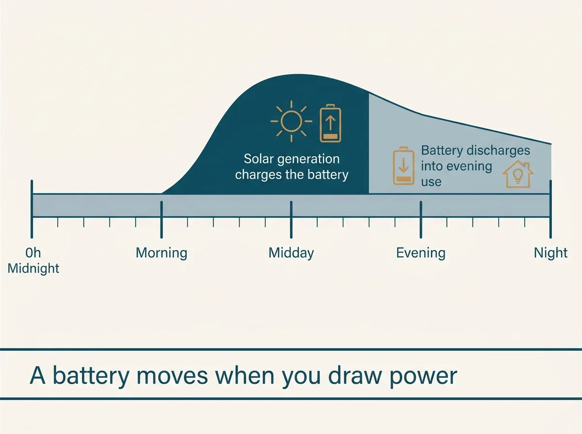 Flat vector diagram of a twenty four hour day drawn as a horizontal band, with a labelled section in the middle reading Solar generation charges the battery and a labelled section at the right reading Battery discharges into evening use, and a caption strip beneath reading A battery moves when you draw power, not what a credit is worth