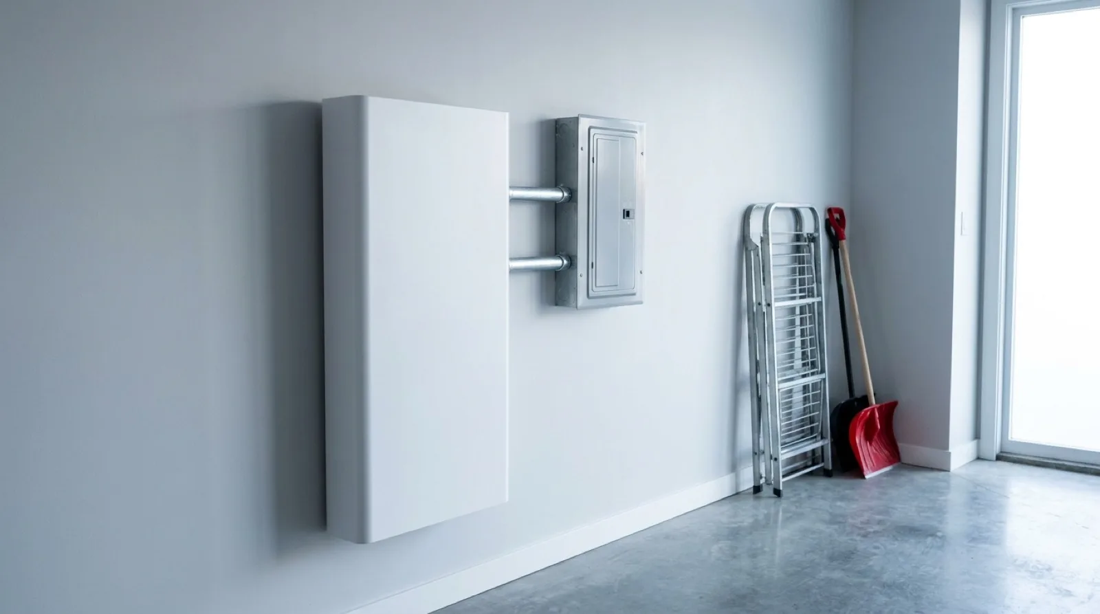 A wall-mounted white home battery cabinet in a tidy Canadian garage beside a grey electrical panel, short lengths of steel conduit running between them, a folded step ladder and a snow shovel leaning against the wall further along, polished concrete floor, no people and no brand marks