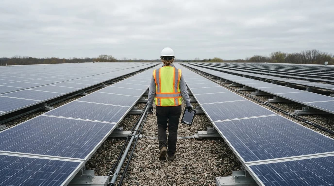 A technician seen from behind in a hard hat and high-visibility vest, carrying a tablet, walks a gravel aisle between rows of low-tilt solar panels on a large flat commercial roof under an overcast sky