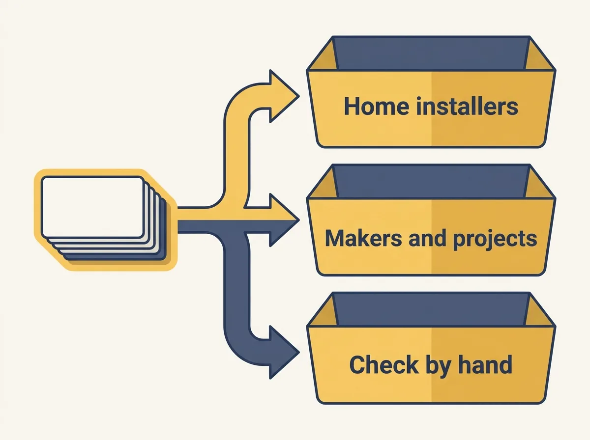 Diagram of a stack of business cards being sorted into three bins labelled home installers, makers and projects, and check by hand