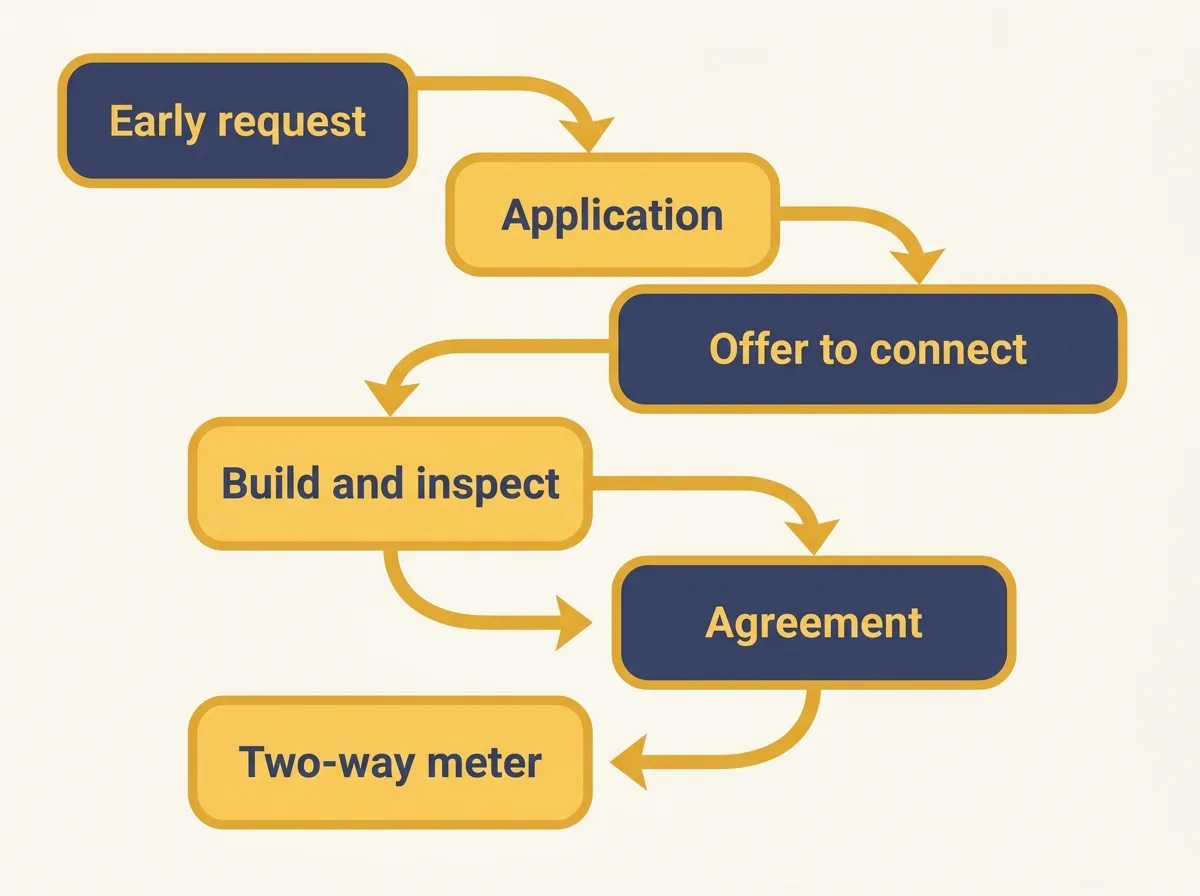 Flow diagram of the utility connection steps for a small home solar system: early request, application, offer to connect, build and inspect, agreement, two-way meter