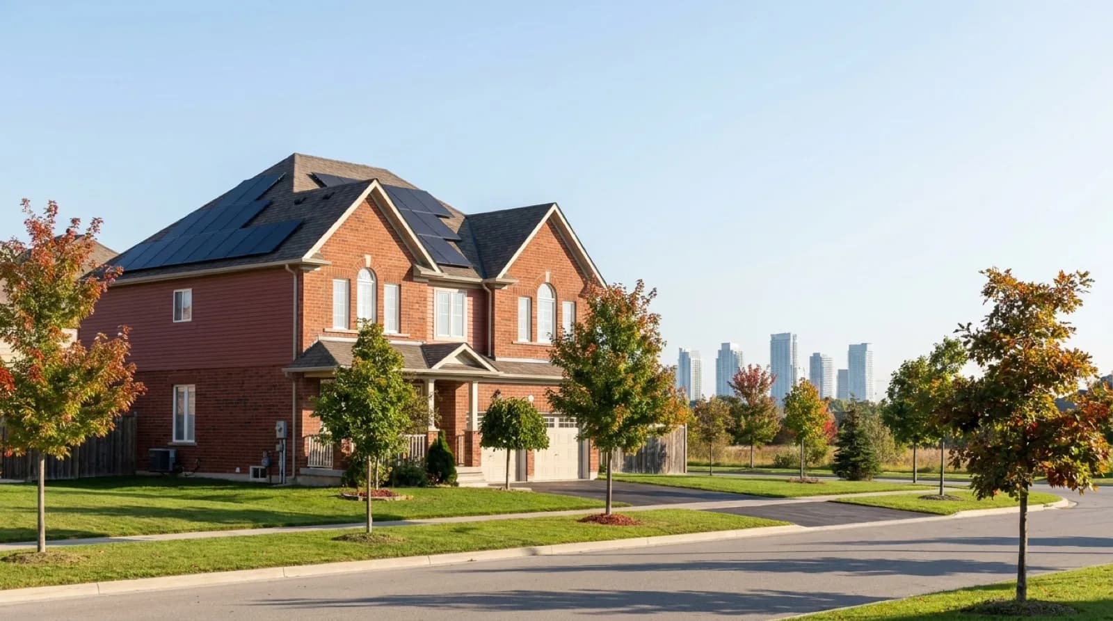 A two-storey red-brick suburban house with rooftop solar panels on a quiet Peel Region street, young maples on the boulevard and residential towers on the horizon