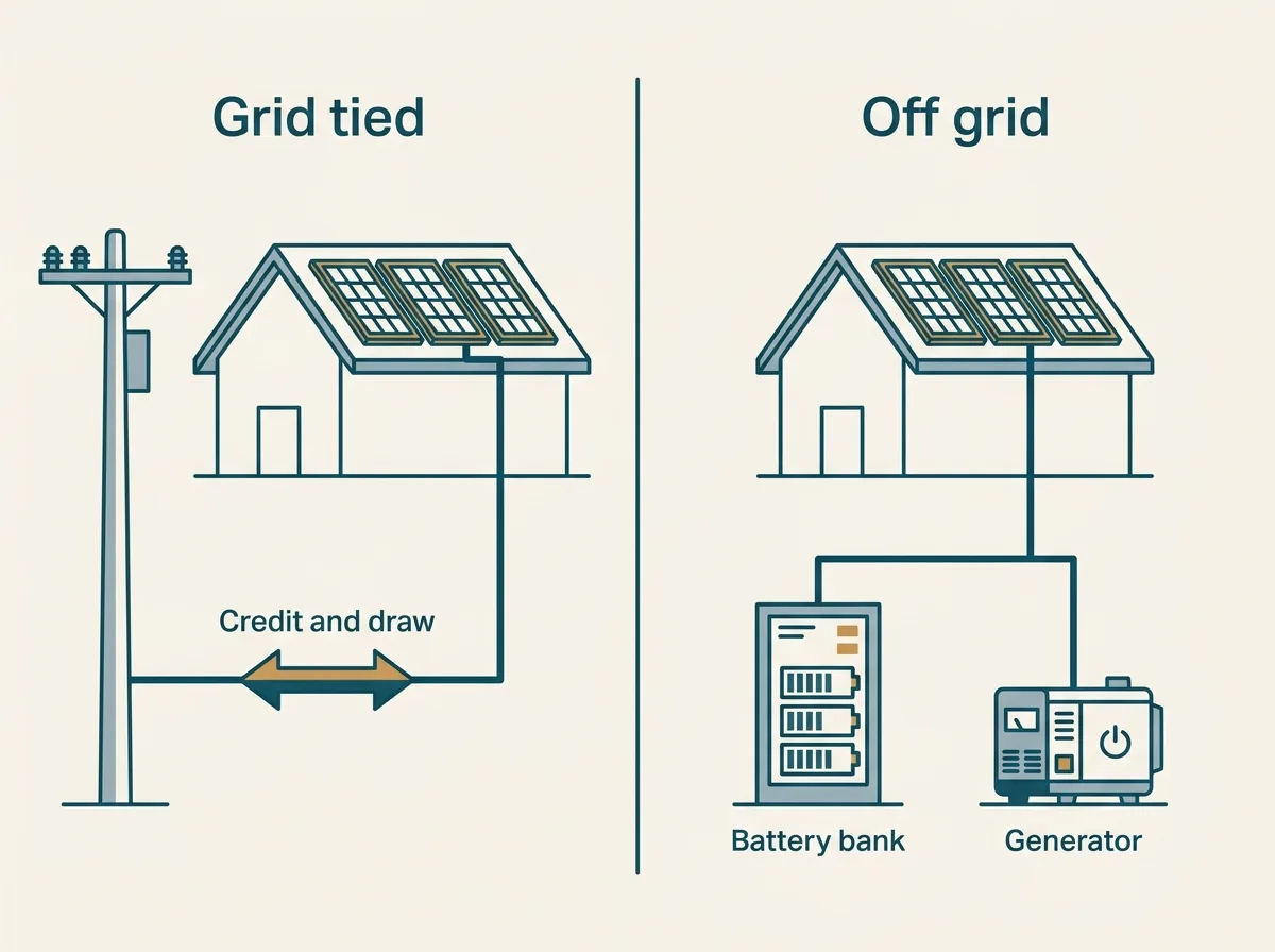 Flat vector side by side comparison diagram, the left panel headed Grid tied showing a house with roof panels connected to a utility pole and a two way arrow labelled Credit and draw, the right panel headed Off grid showing a house with panels connected to a battery bank and a generator with no utility connection