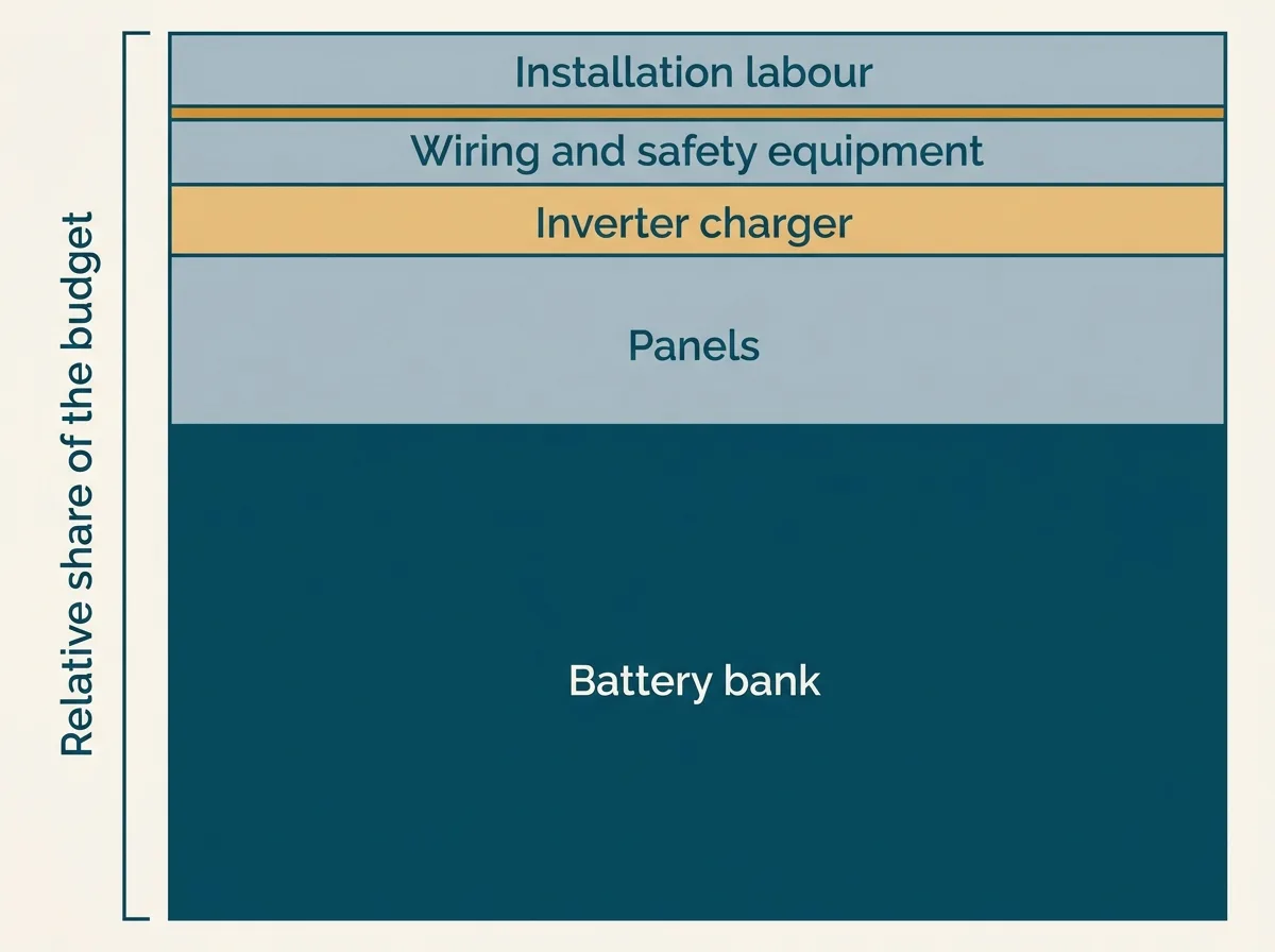 Flat vector stacked block diagram of an off grid system budget with five labelled blocks of clearly different sizes, the largest at the bottom labelled Battery bank and the smaller ones above labelled Panels, Inverter charger, Wiring and safety equipment, and Installation labour