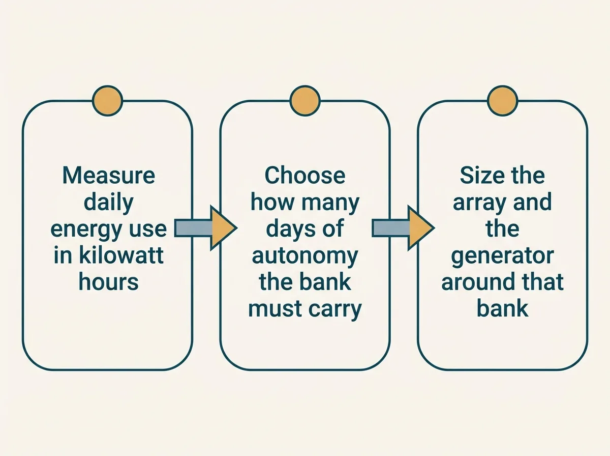 Flat vector three step planning sequence for an off grid design, with boxes reading Measure daily energy use in kilowatt hours, Choose how many days of autonomy the bank must carry, and Size the array and the generator around that bank, joined by arrows