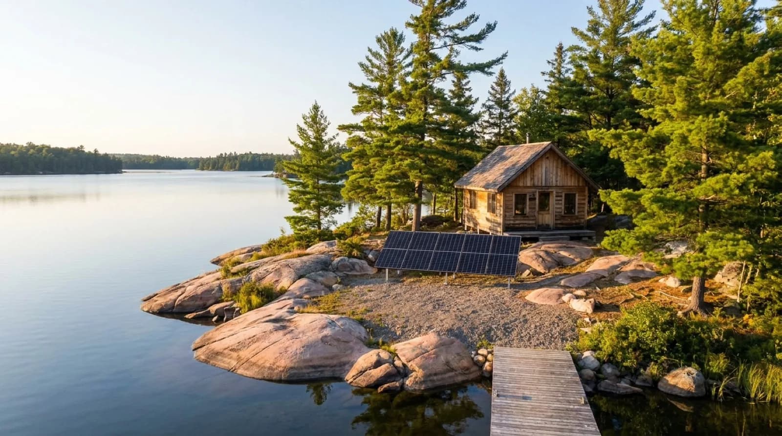 A small timber cabin on the Canadian Shield beside a lake, a ground-mounted solar array on a clearing in front of it, pines and exposed granite around, late summer afternoon light, no people in frame
