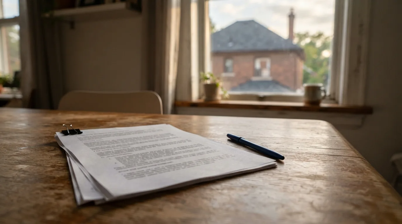 A printed multi-page contract and a ballpoint pen on a wooden dining table in a Toronto brick semi-detached house, the page text blurred and unreadable, a neighbouring pitched roof with solar panels visible through the window in soft daylight