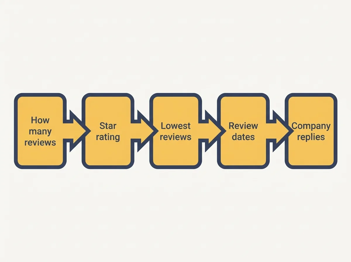 Flow diagram of five boxes in reading order: how many reviews, star rating, lowest reviews, review dates, company replies