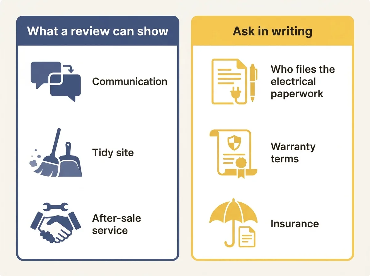 Two-column diagram: what a review can show (communication, a tidy site, after-sale service) beside what to ask in writing (who files the electrical paperwork, warranty terms, insurance)