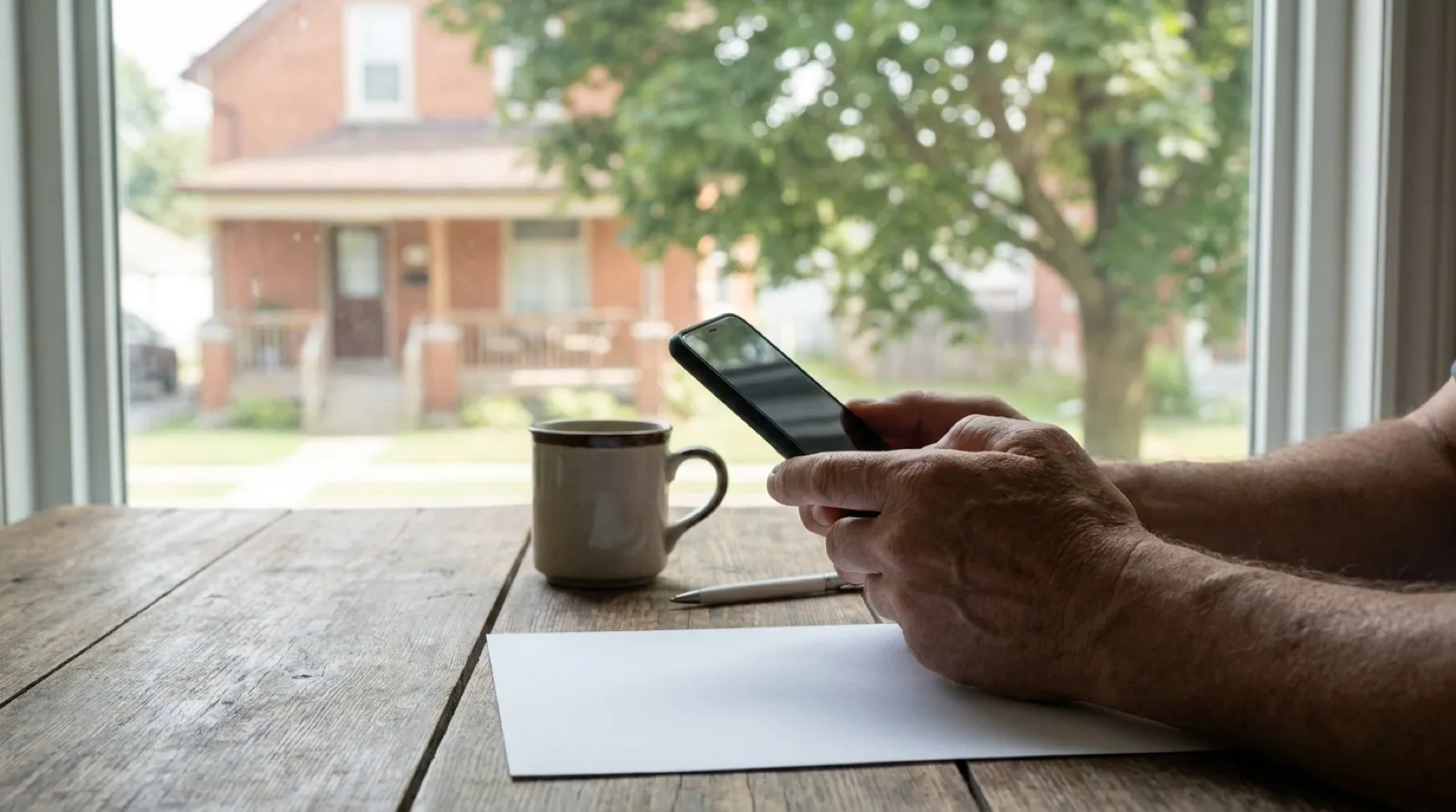 A homeowner's hands holding a smartphone over a wooden kitchen table beside a coffee mug, a pen and a blank sheet of paper, with a red-brick house with a covered front porch seen through the window