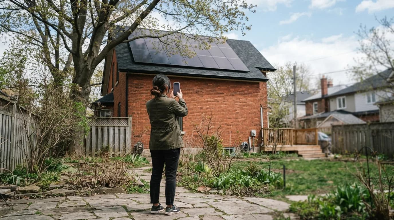 A person seen from behind in a spring backyard, holding up a phone towards solar panels on the roof of a red-brick house, with bare tree branches reaching over the array