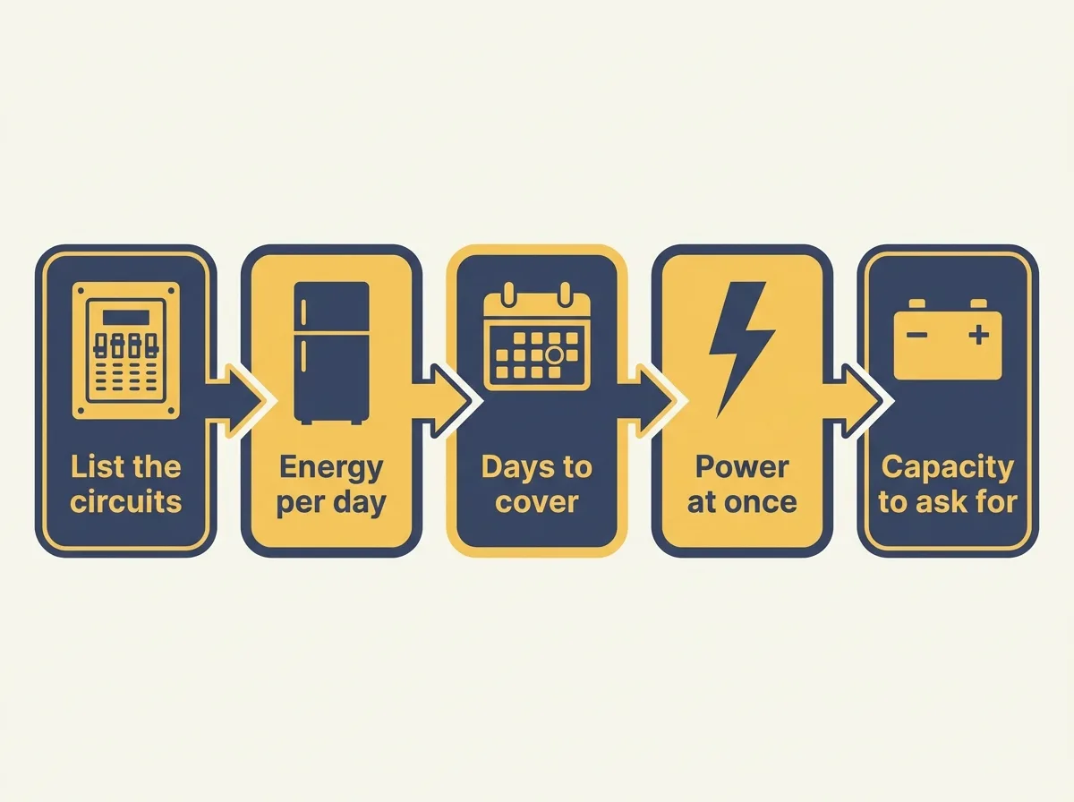 Flow diagram of five sizing steps: list the circuits, energy per day, days to cover, power at once, capacity to ask for