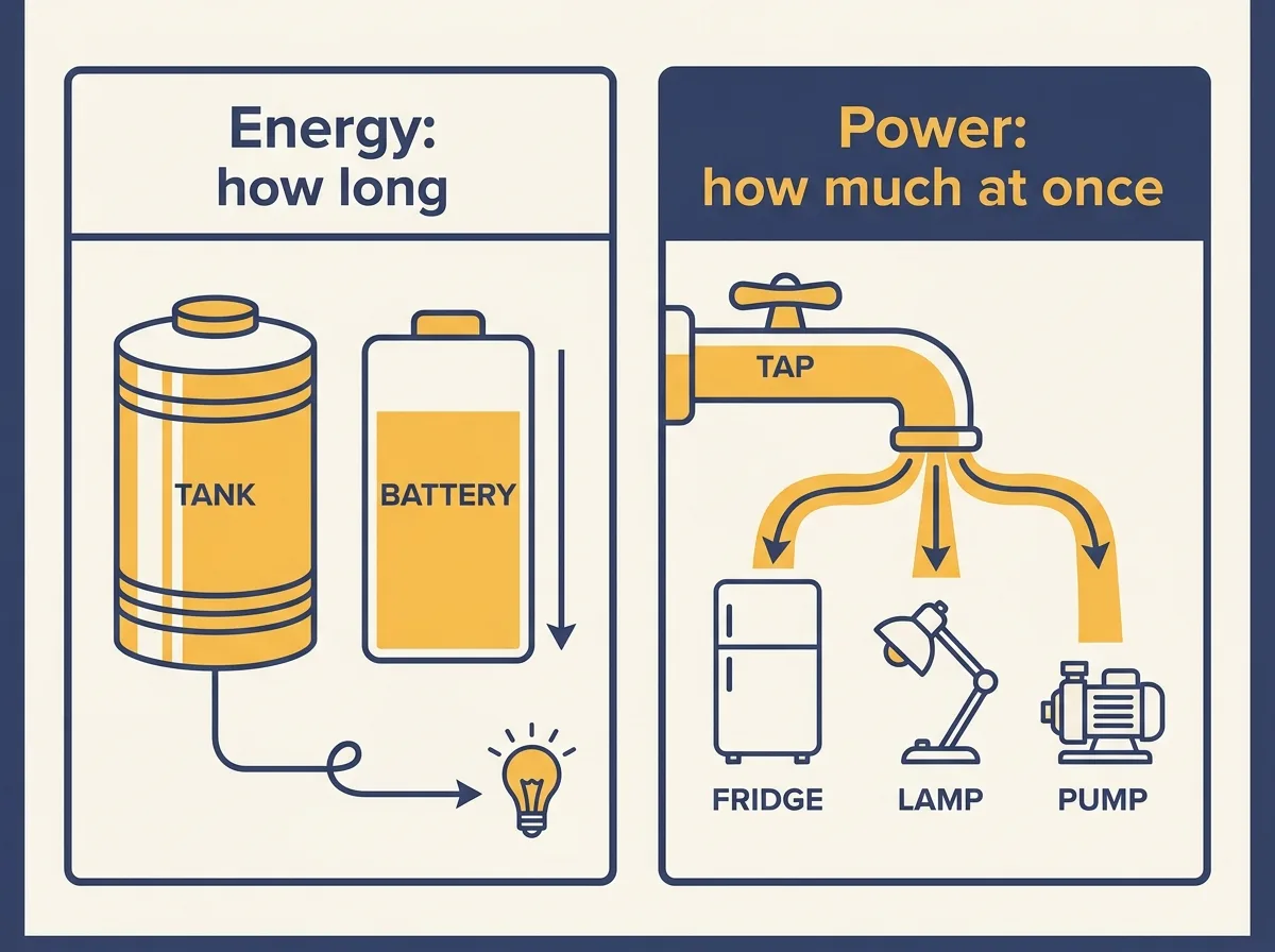 Two-panel diagram: energy, or how long, shown as a water tank beside a battery, and power, or how much at once, shown as one tap feeding a fridge, a lamp and a pump