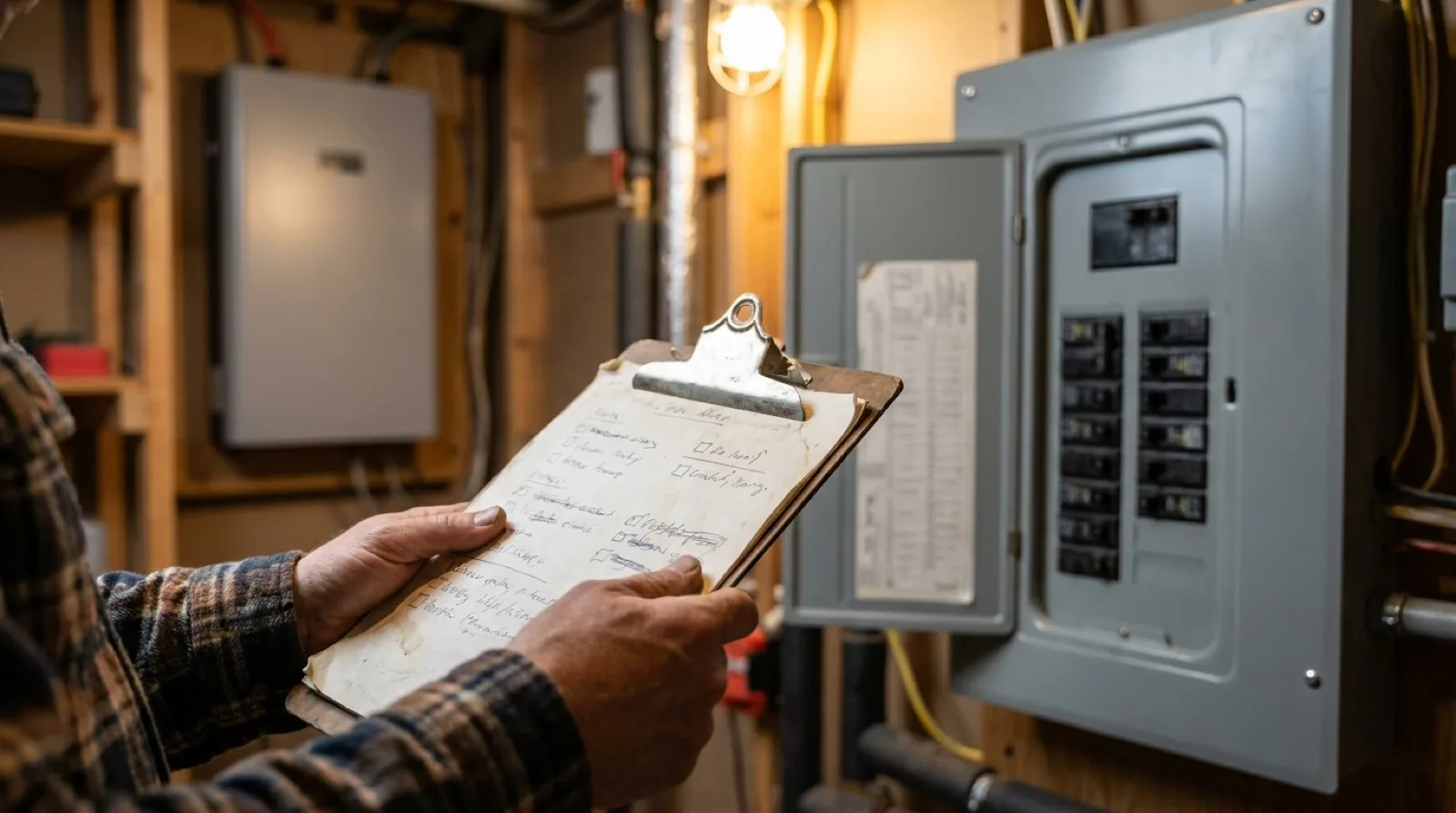 A homeowner's hands holding a clipboard with a handwritten list in front of an open breaker panel in an unfinished basement, a grey equipment cabinet on the wall behind