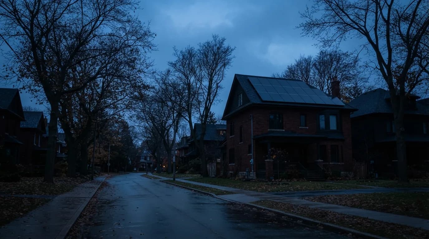 A residential Toronto street at dusk during a power outage, with dark houses, unlit streetlights and rooftop solar panels on one brick house