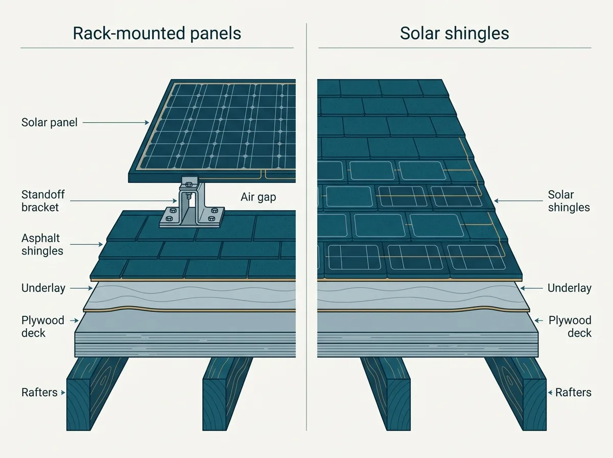 Flat vector cross-section diagram comparing two roof build-ups side by side, one showing rafters, plywood deck, underlay and rack-mounted solar panels on standoffs above asphalt shingles, the other showing rafters, plywood deck, underlay and solar shingles laid as the roof surface itself
