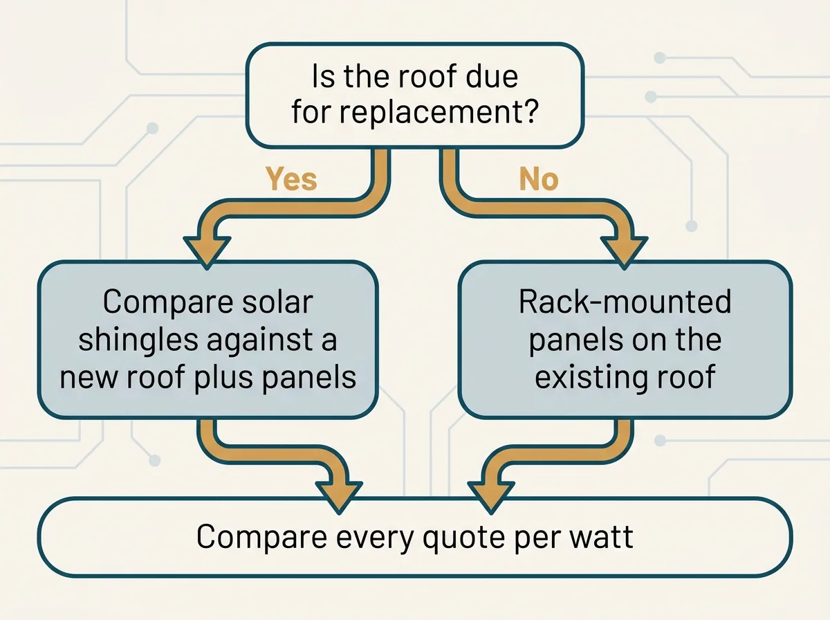 Flat vector decision flow diagram starting from a box reading Is the roof due for replacement, branching to Yes leading to Compare solar shingles against a new roof plus panels, and No leading to Rack-mounted panels on the existing roof, with a final box reading Compare every quote per watt