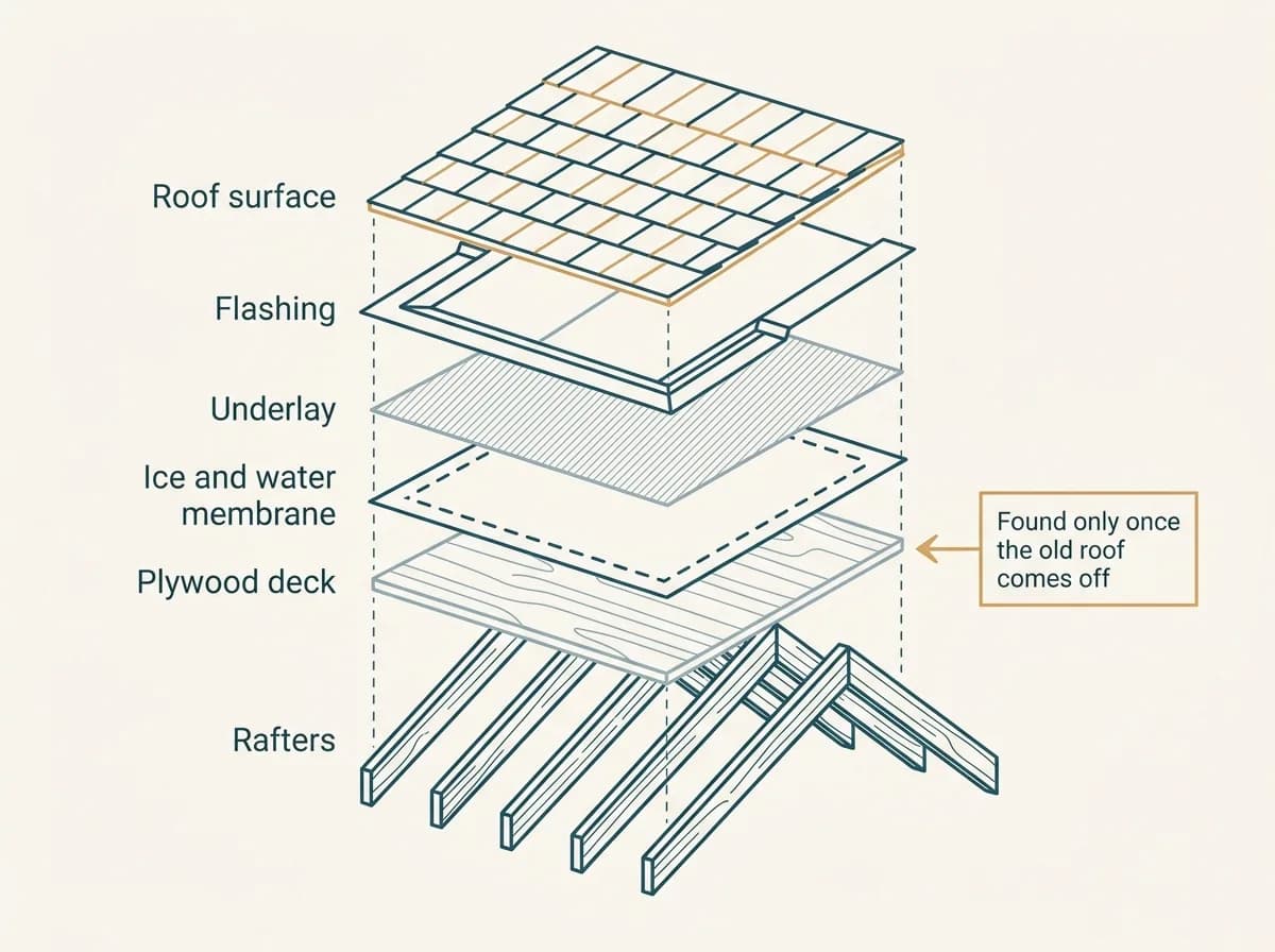 Flat vector exploded diagram of a roof assembly with each layer labelled from the bottom up, reading Rafters, Plywood deck, Ice and water membrane, Underlay, Flashing and Roof surface, with a side note pointing at the plywood deck layer reading Found only once the old roof comes off