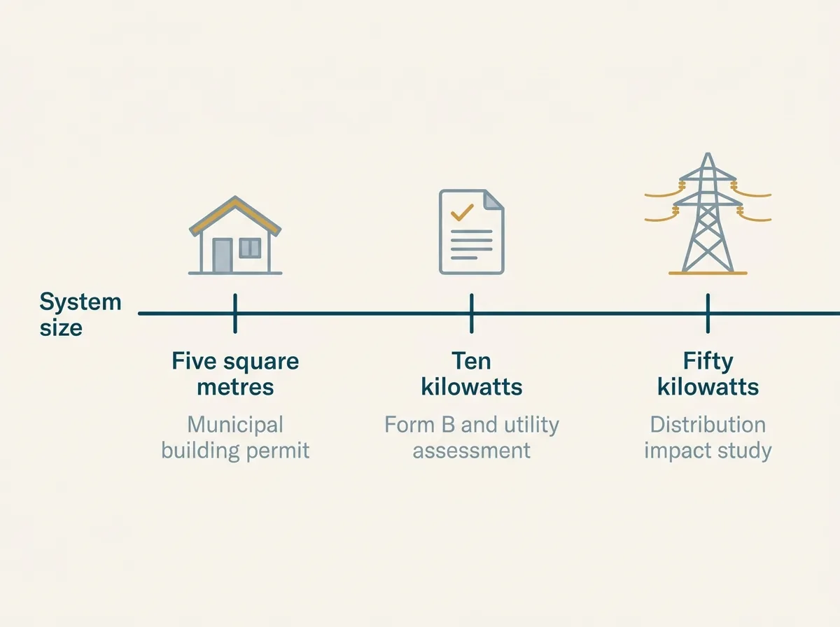 Flat vector horizontal scale diagram of an Ontario solar project with three marked thresholds along a line, labelled Five square metres building permit, Ten kilowatts Form B and utility assessment, and Fifty kilowatts distribution impact study, with small icons above each marker