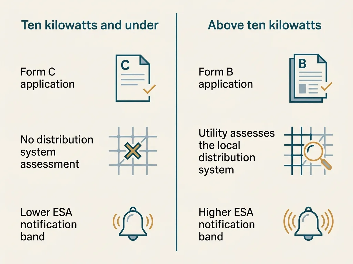 Flat vector two-column comparison table diagram headed Ten kilowatts and under versus Above ten kilowatts, the left column listing Form C, no distribution system assessment and standard ESA notification, the right column listing Form B, utility assesses the local distribution system and higher ESA notification band