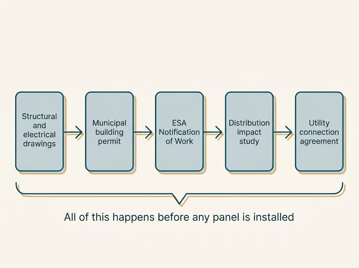 Flat vector left to right process flow of five labelled stages for a large Ontario solar project, reading Structural and electrical drawings, Municipal building permit, ESA Notification of Work, Distribution impact study, and Utility connection agreement, with a bracket underneath labelled All of this happens before any panel is installed