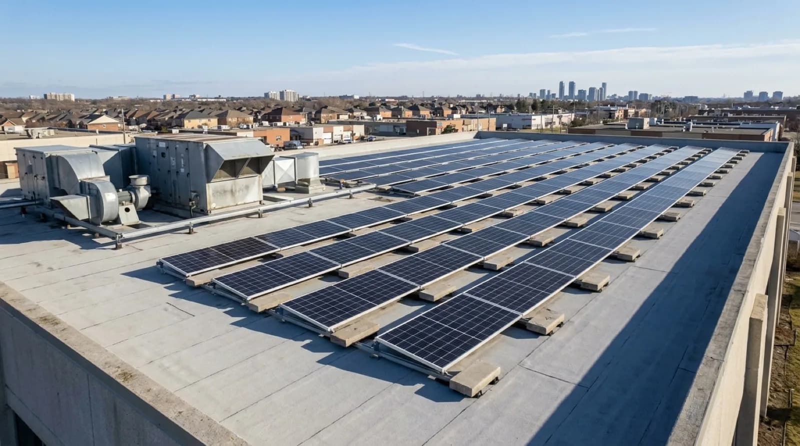 A flat commercial rooftop in the Greater Toronto Area covered with rows of ballasted solar panels, rooftop mechanical units and a parapet edge, low afternoon light, no people and no signage