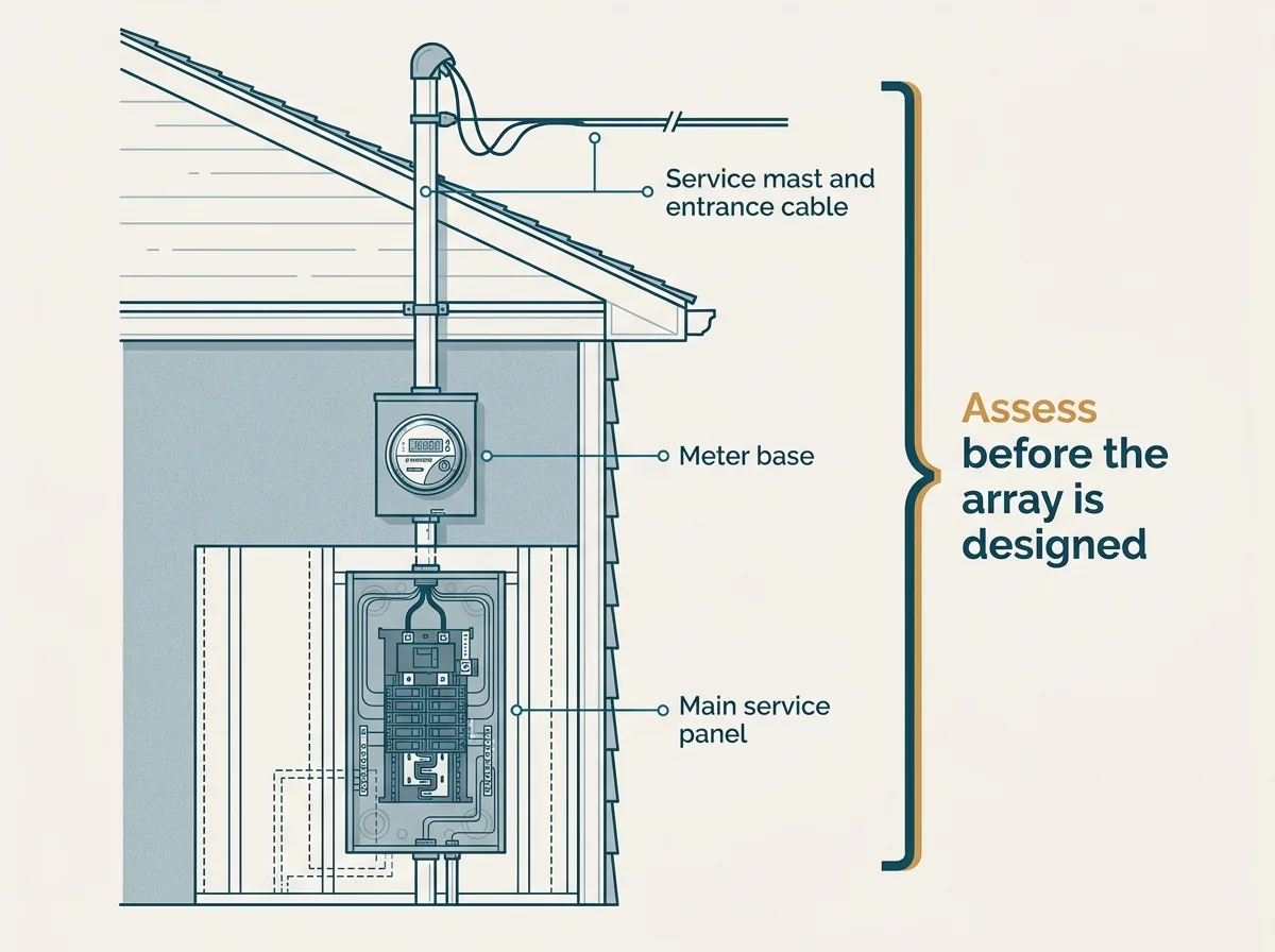 Flat vector elevation diagram of the outside wall of a Canadian house showing three labelled components stacked in order, reading Service mast and entrance cable, Meter base, and Main service panel inside, each with a small tag beside it reading Assess before the array is designed