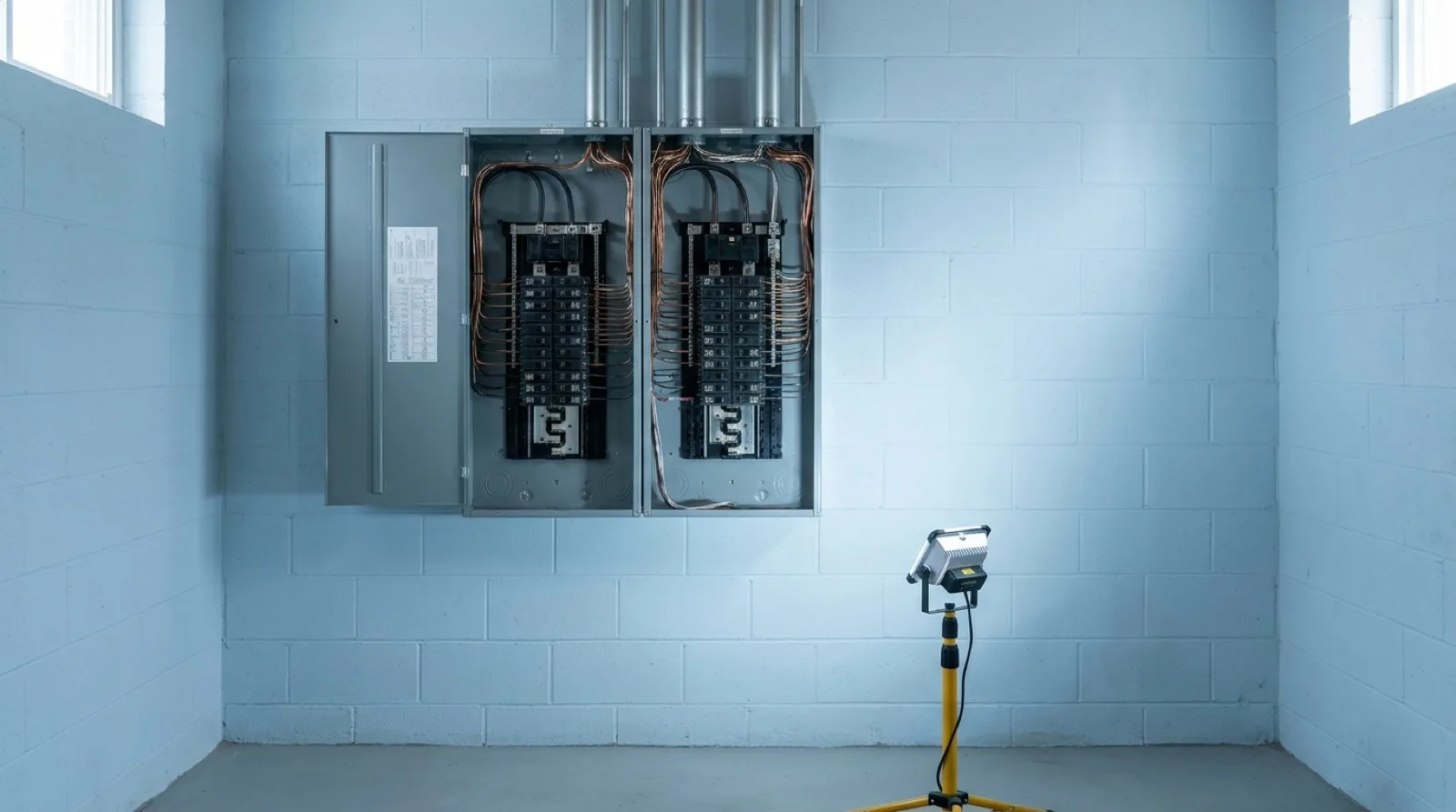 Two open residential electrical service panels side by side on a painted concrete block basement wall in a Canadian home, breakers in neat rows with tidy copper wiring, steel conduit entering from above, a portable work light on a tripod standing on the concrete floor beside them, no people in frame