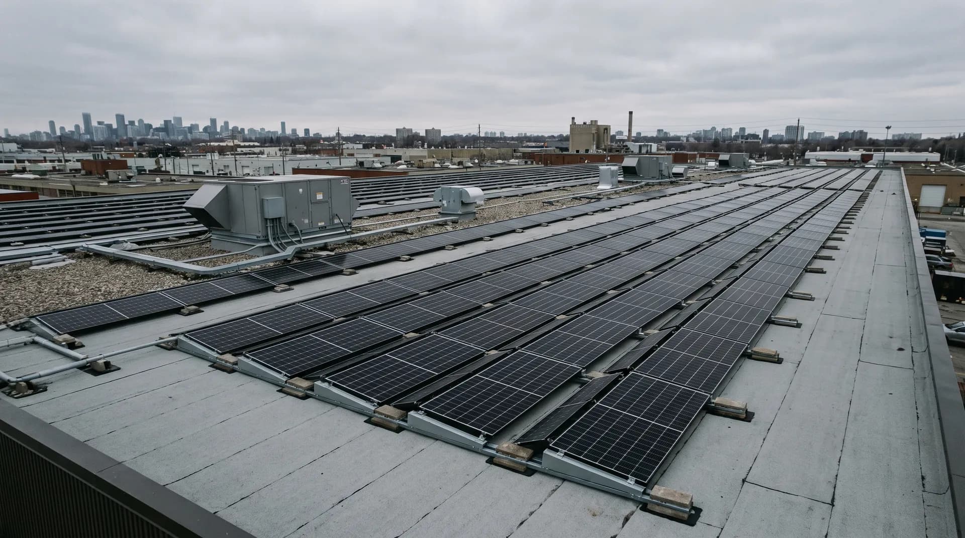 Long rows of black solar modules on low grey racking across a flat white commercial rooftop, with rooftop mechanical units nearby and the Toronto skyline low and grey on the horizon.