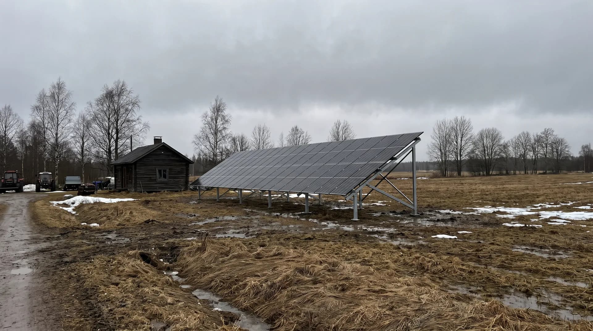 A ground-mounted solar array on a grey steel frame standing in a wet rural field beside a small dark timber cabin, with patches of old snow, bare trees and a low grey sky behind it.