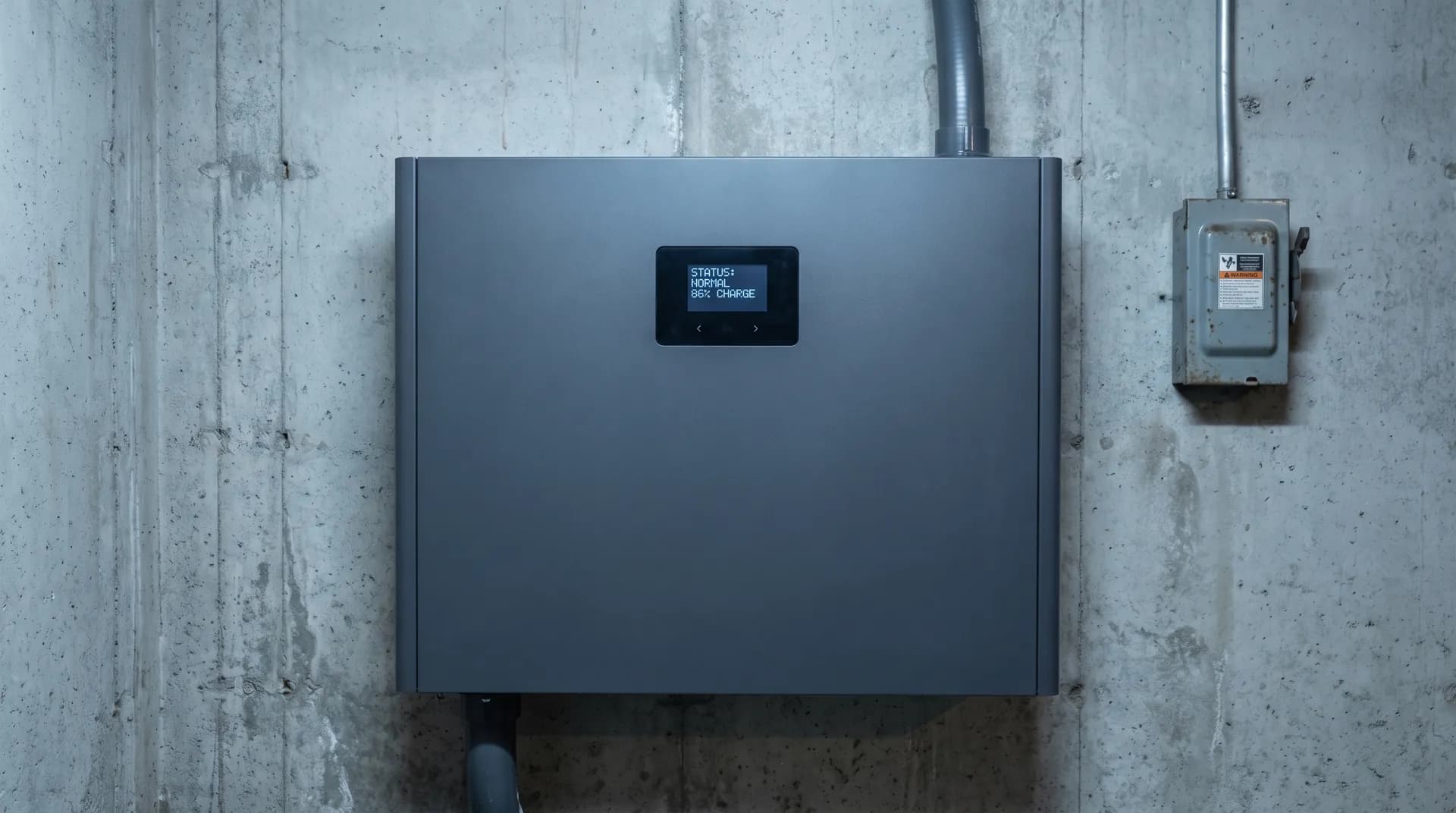 A single large dark grey home battery cabinet bolted to a bare concrete basement wall, with a small lit status screen on its face, one conduit entering the top and a grey disconnect box beside it.