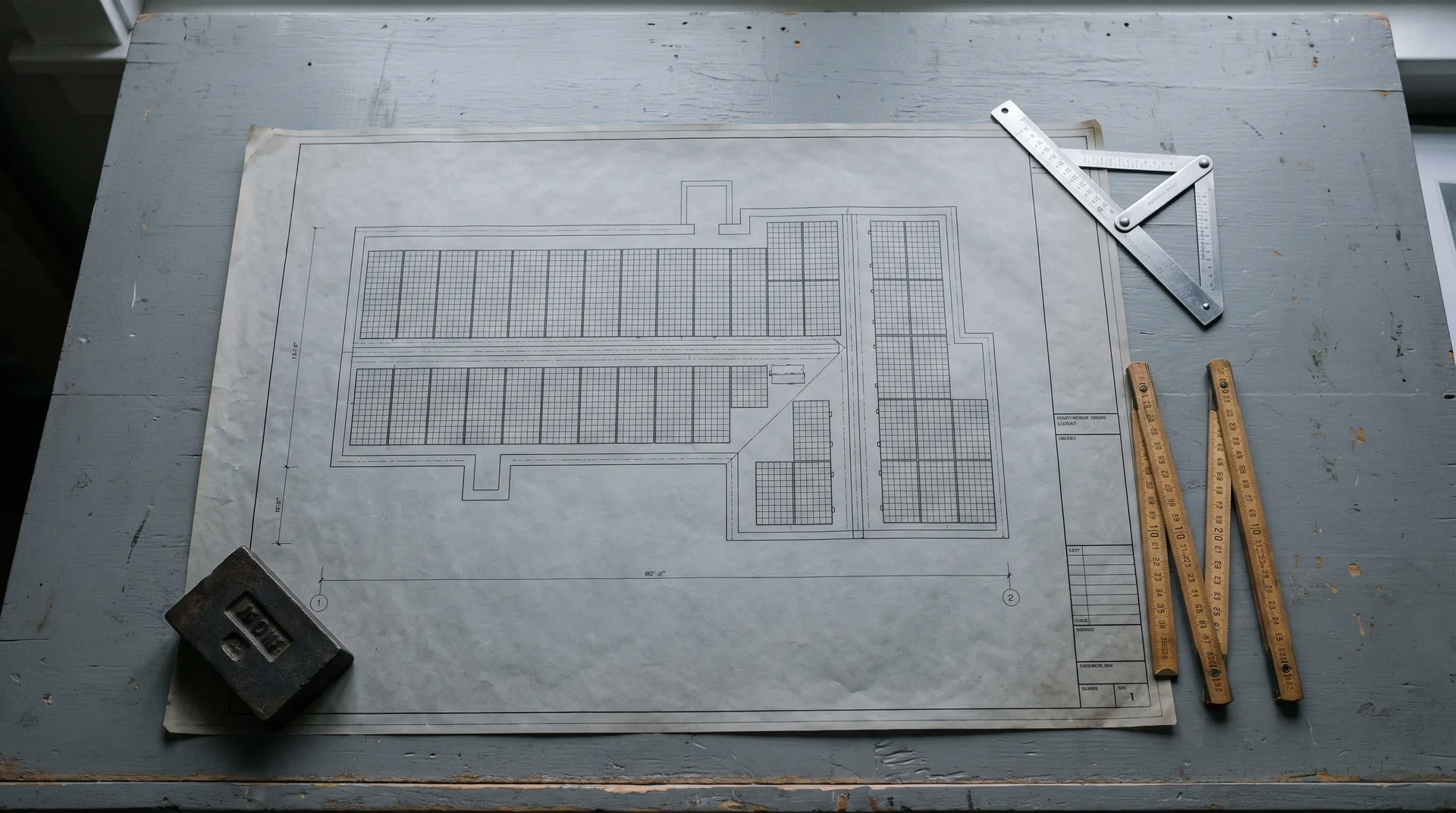 A rooftop solar layout drawing lying flat on a grey worktable, photographed from above, with the array laid out as a grid of small rectangles on a roof plan, a folding rule and a set square beside it.