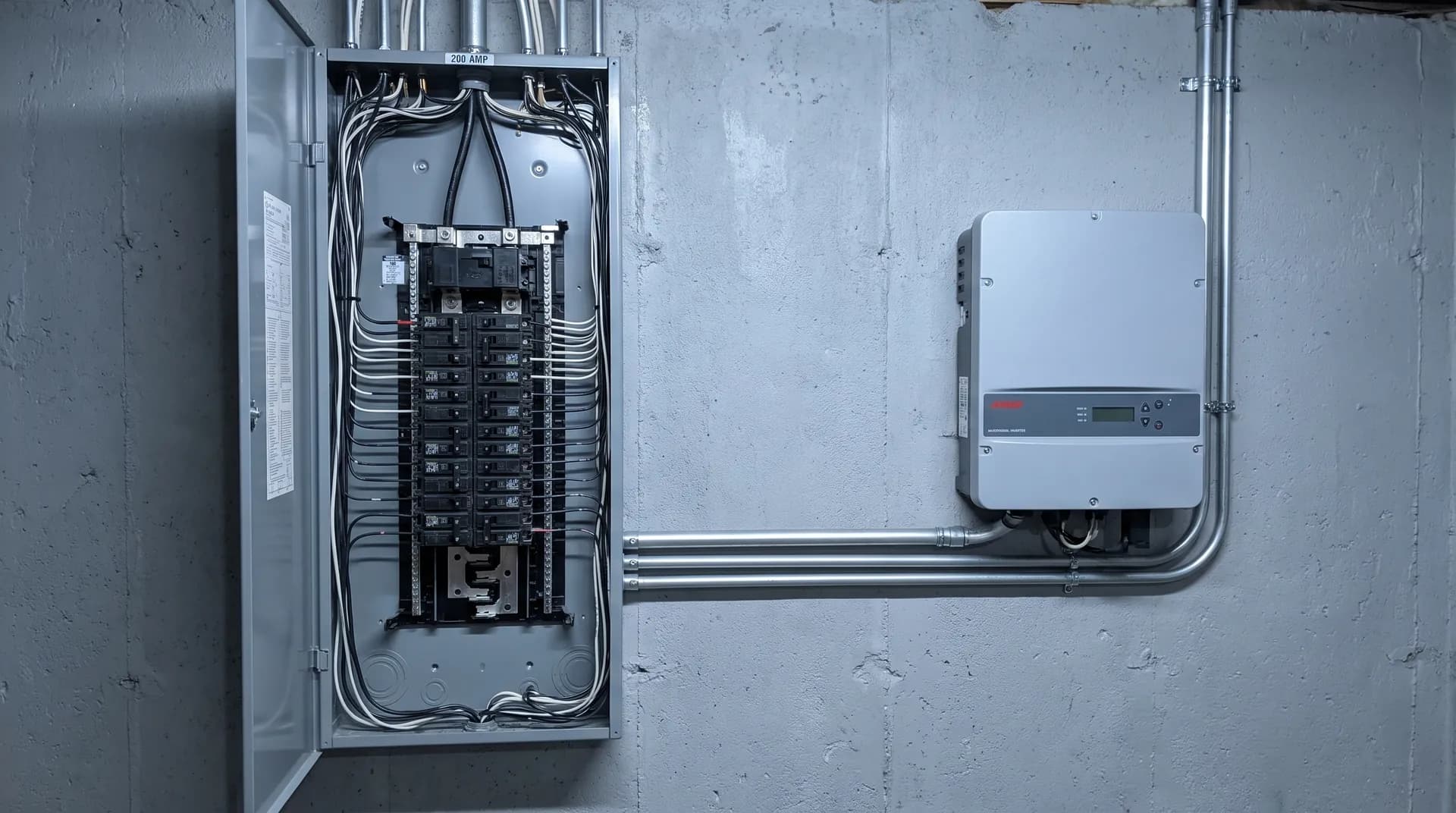 An open grey residential breaker panel on a concrete basement wall with its wiring visible, a grey solar inverter mounted to the right of it, and a run of metal conduit connecting the two.