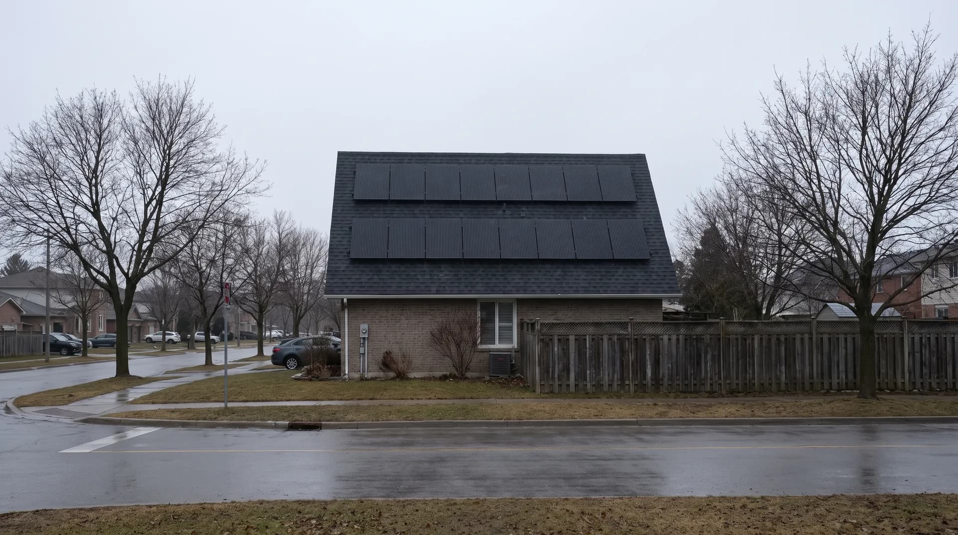 A brick suburban house seen from across a wet residential street on an overcast day, with two rows of black solar modules mounted on its dark shingle roof and bare trees on either side.