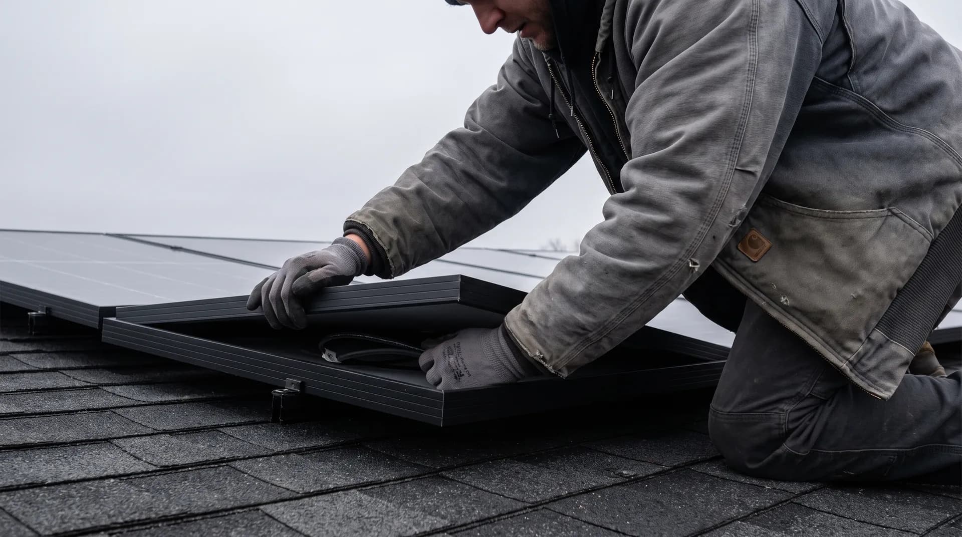 A worker in a grey canvas jacket and gloves kneeling on a shingle roof under a flat grey sky, lifting the aluminium frame of one solar module clear of the row to reach underneath it.